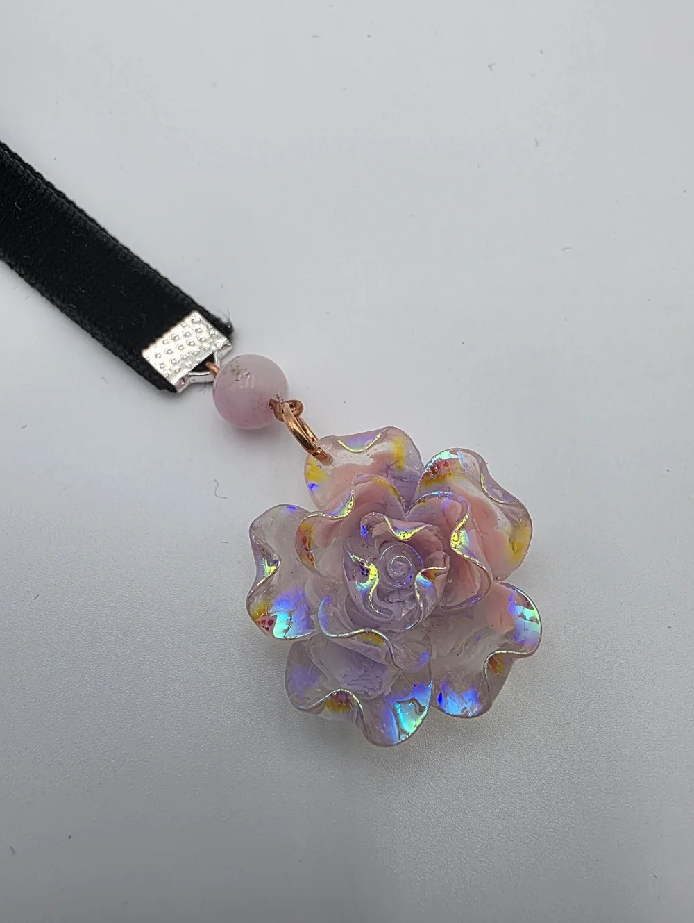 Iridescent Pink Rose Key & Card Holder with Black Velvet Strap - Picture 4 of 5